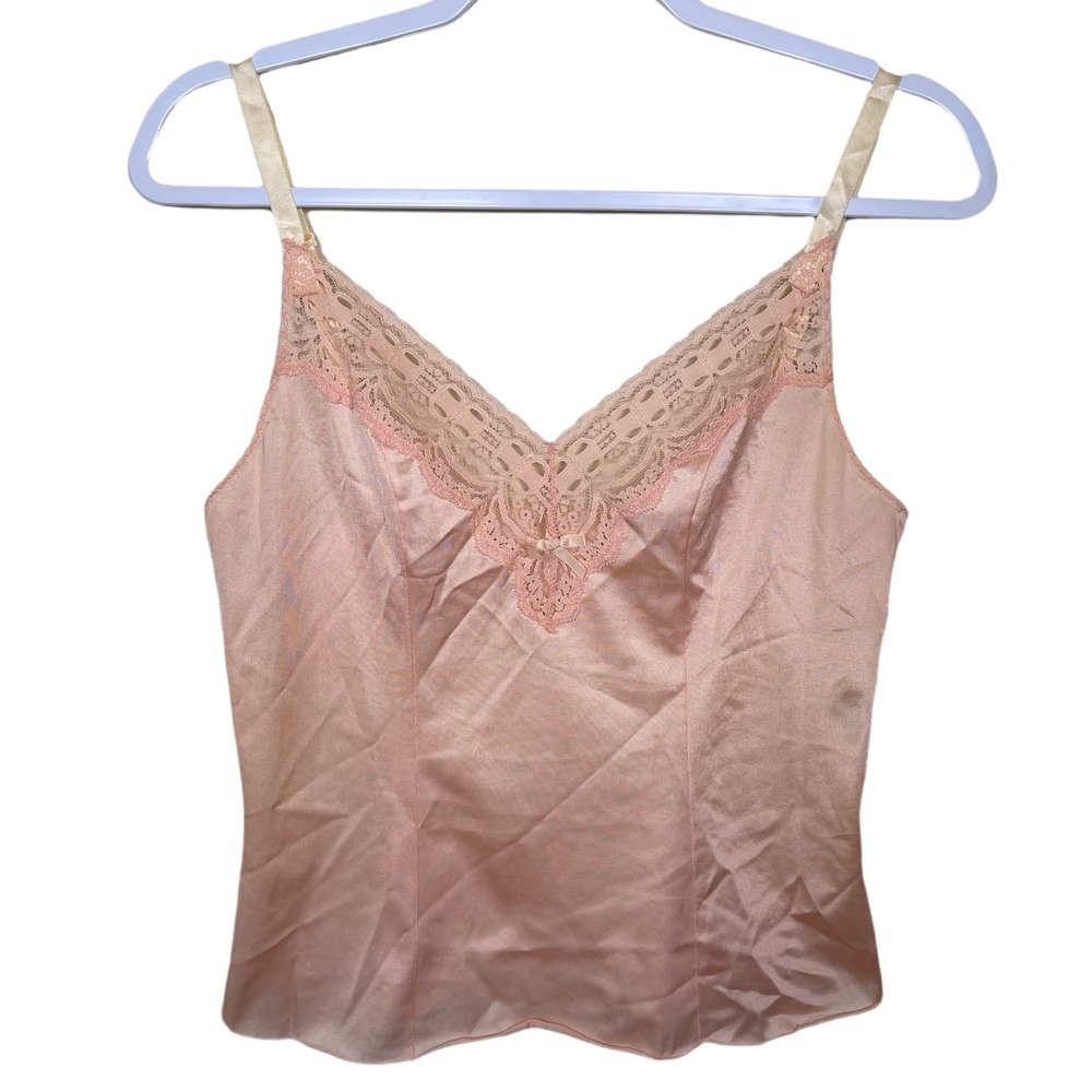 Vtg‎ Olga 70s 80s Style 1073 Peach Pink Nylon Floral Lace Trim Cami Top 32 Bow